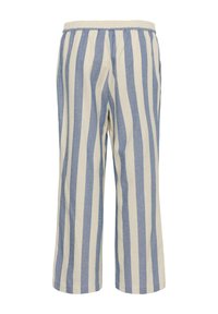 Pantalon ample à larges rayures verticales bleues et blanches avec une taille élastique.