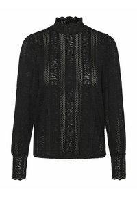Zwarte kantblouse met een hoge rimpelnek, lange mouwen en afwisselende effen en doorzichtige verticale strepen. Voorzien van gegolfde manchetten.