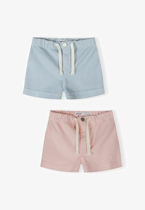 To par shorts til småbørn, et lyseblåt og et lyserødt, begge med en knap og hvid snor i den elastiske talje.