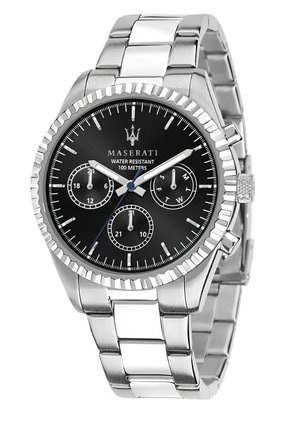 Silver stainless steel watch with a black dial, three subdials, and a rotating textured bezel. Water-resistant up to 100 meters.