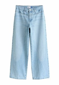 Svetlomodré široké džínsy vyrobené z denimu. Majú vysoký pás, zapínanie na gombík a švy s detailami.