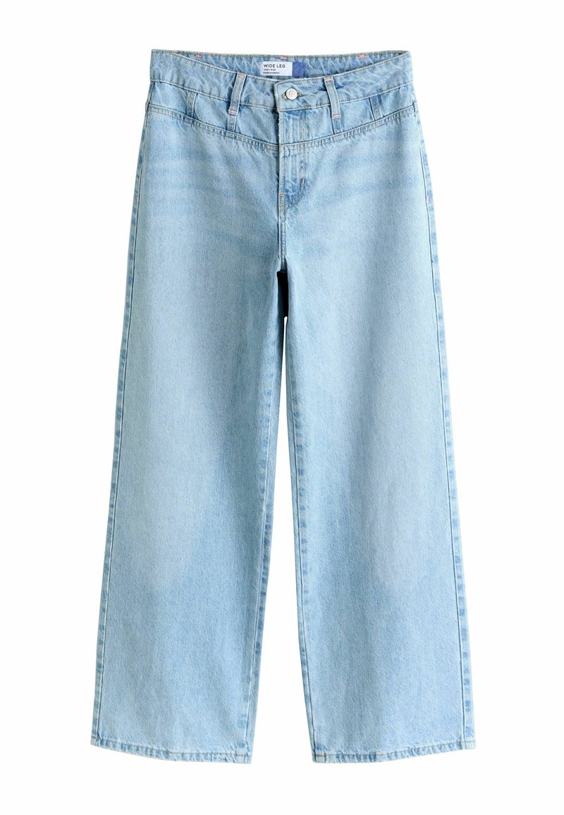 Svetlomodré široké džínsy vyrobené z denimu. Majú vysoký pás, zapínanie na gombík a švy s detailami.