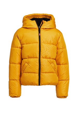 Doudoune matelassée jaune avec capuche, fermeture éclair devant, poches latérales et motif léopard subtil sur le tissu.