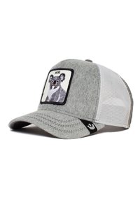 Cappello grigio con visiera arrotondata, pannelli anteriori in feltro e retro in rete. Presenta un'applicazione di un koala con il testo "HUG" sul davanti. Logo nero accentato di lato.