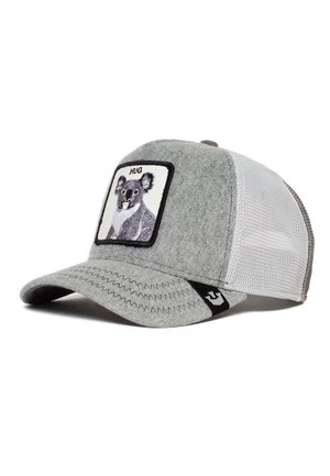Cappello grigio con visiera arrotondata, pannelli anteriori in feltro e retro in rete. Presenta un'applicazione di un koala con il testo "HUG" sul davanti. Logo nero accentato di lato.