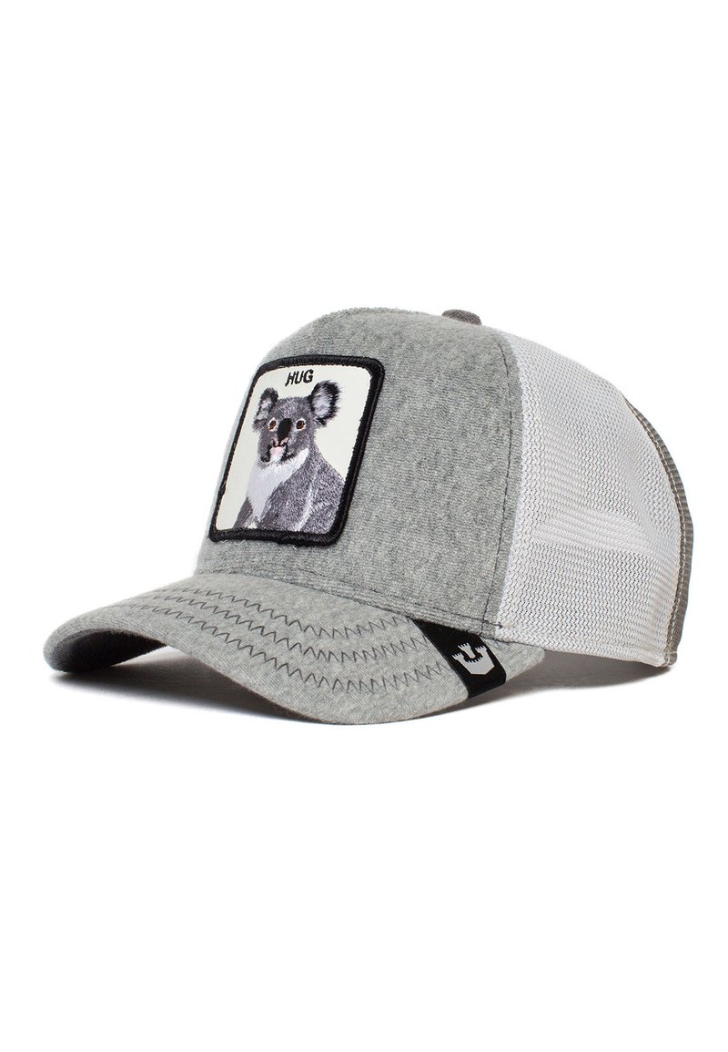 Cappello grigio con visiera arrotondata, pannelli anteriori in feltro e retro in rete. Presenta un'applicazione di un koala con il testo "HUG" sul davanti. Logo nero accentato di lato.