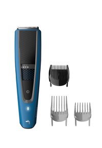 Rasa capelli elettrico di colore blu con dettagli neri, pannello grip testurizzato, display digitale e tre accessori pettine rimovibili di dimensioni diverse.