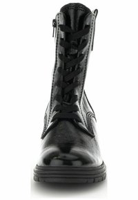 Glossy black leather lace-up boot with side zipper, rounded toe, and thick rubber sole shown from front view.