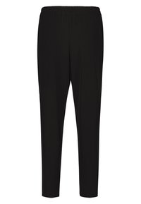 Svarta byxor med elastiskt midjeband och raka ben, tillverkade av lätt material, med en slät yta och utan synliga mönster.