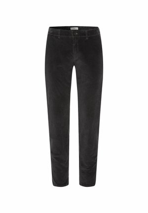 Black corduroy trousers with a slim fit, featuring vertical ribbing, front pockets, and a button closure at the waist.