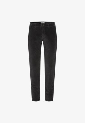 Black corduroy trousers with a slim fit, featuring vertical ribbing, front pockets, and a button closure at the waist.