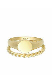 Set de inele tonificate cu aur, featuring un band neted, rotund, cu un vârf circular solid și un band răsucit. Fabricate din argint sterling 925.