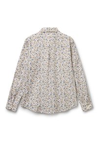 Camicia a maniche lunghe con base bianca e un piccolo motivo floreale blu, viola e marrone, mostrata dal retro.