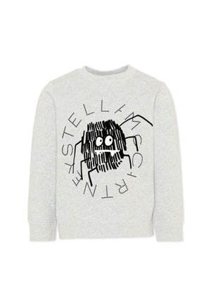 Lichtgrijze sweatshirt met een zwarte schets van een spin en het woord "STELLA MCCARTNEY" in gestippelde letters rond het ontwerp.