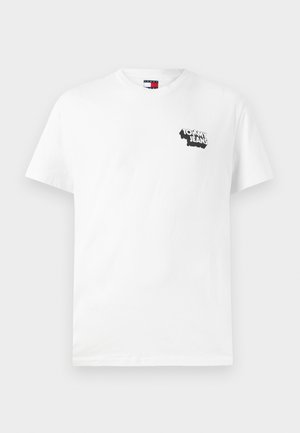 White cotton t-shirt with short sleeves, featuring a black "Tommy Jeans" graphic logo on the left chest. Classic crew neckline.