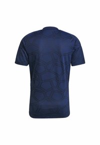 Kurzarm-Navy-Jersey mit einem strukturierten geometrischen Muster in dunklerem Blau, Rundhalsausschnitt und glatter Stoffoberfläche.