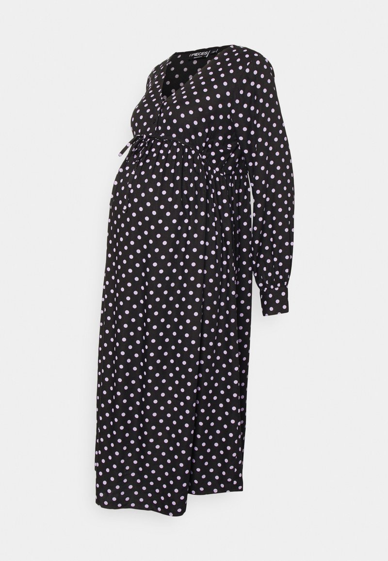 Vestido preto envelopado com mangas longas, apresentando grandes bolas de cor lavanda, cintura franzida e silhueta fluida adequada para vestuário de maternidade.