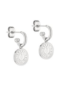 Boucles d'oreilles en argent avec un charm circulaire présentant un texte en relief et un motif floral, finition polie et attache à clou.