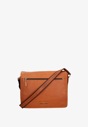 Tanleren schoudertas met voorvak met rits en verstelbare schouderriem, gegraveerd met merknaam.