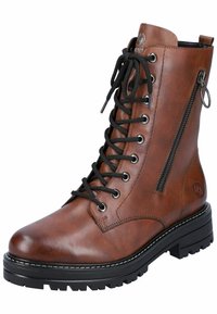 Bottines en cuir marron à lacets avec une fermeture éclair sur le côté, bout rond, lacets noirs et semelle noire robuste. Comprend un détail de logo près du haut.