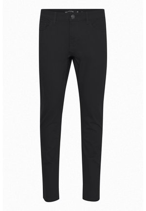 Pantaloni neri slim-fit realizzati in cotone misto, con un classico design a cinque tasche, chiusura con zip e bottone metallico. Texture liscia.