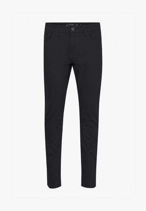 Black slim-fit pants made of cotton blend, featuring a classic five-pocket design, zip fly, and metal button closure. Smooth texture.
