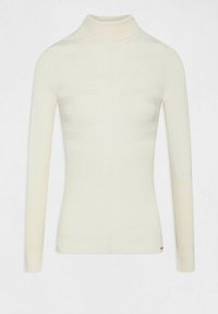 Langsleeve, getailleerde coltrui in off-white, met ribbeltextuur en subtiele horizontale strepen op het lichaam en de mouwen.