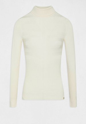 Pull turtleneck ajusté à manches longues en écru, avec texture côtelée et de subtiles rayures horizontales sur le corps et les manches.