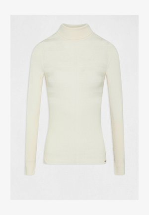Langsleeve, getailleerde coltrui in off-white, met ribbeltextuur en subtiele horizontale strepen op het lichaam en de mouwen.