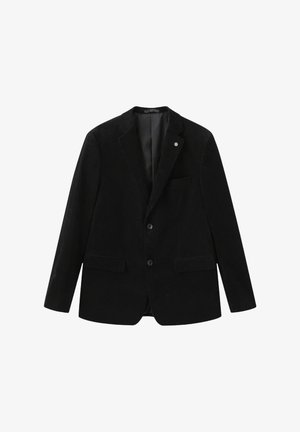Blazer en velours côtelé noir avec une fermeture à un bouton, des revers en pointe et deux poches avant. Doublure intérieure lisse et texture subtile.