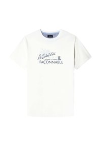 Camiseta de algodón blanca con un estampado gráfico azul que dice "Le Soleil d'été" y "FAÇONNABLE", de mangas cortas y cuello redondo.