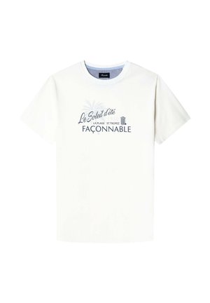 T-shirt in cotone bianco con stampa grafica blu recante la scritta "Le Soleil d'été" e "FAÇONNABLE", maniche corte e scollatura tonda.