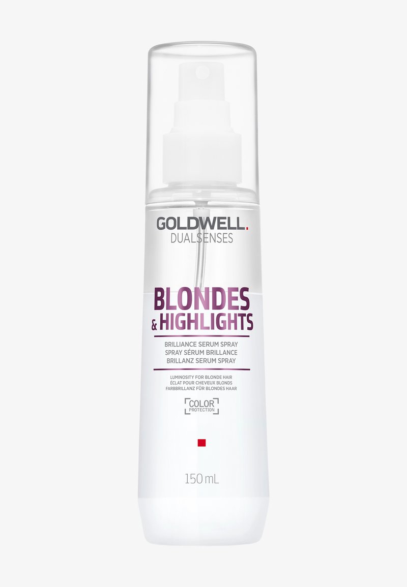 Spray sérum éclat Goldwell Dualsenses Blondes & Highlights 150 ml avec flacon pompe transparent pour la protection de la couleur des cheveux blonds.