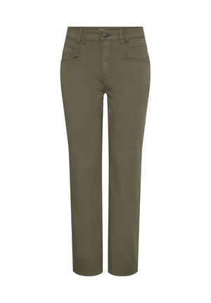 Pantalones verde oliva de pierna recta con cierre de botón y cremallera, cuatro bolsillos delanteros y trabillas para cinturón.