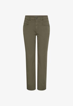 Olivengrønne bukser med lige ben, knap- og lynlåslukning, fire forlommer og bæltestropper.