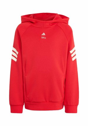 Czerwona bluza z kapturem z białymi logo Adidas i Disney na piersi oraz trzema białymi paskami na każdym rękawie.