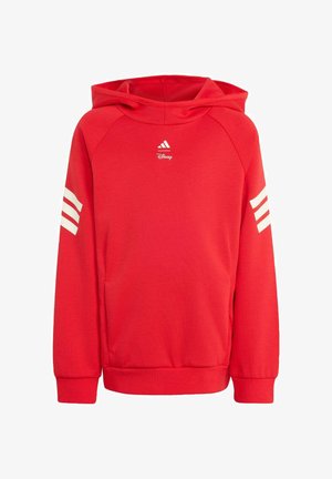 Roter Kapuzenpullover mit weißen Adidas- und Disney-Logos auf der Brust und drei weißen Streifen an jedem Ärmel.