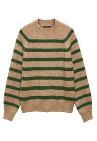 Maglione beige con righe orizzontali verdi, scollatura rotonda, polsini e orlo a costine. Realizzato in un morbido tessuto a maglia testurizzato.