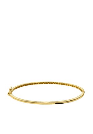 Thin gold bangle bracelet with ridged texture and a small clasp on a white background.