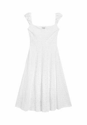 Bijela midi haljina bez rukava od tkanine s vezenim rupicama, s kvadratnim izrezom i oznakom na sredini prsa.