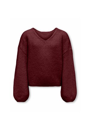 Pull bordeaux en maille épaisse avec col en V et manches longues volumineuses, avec un ourlet légèrement raccourci.
