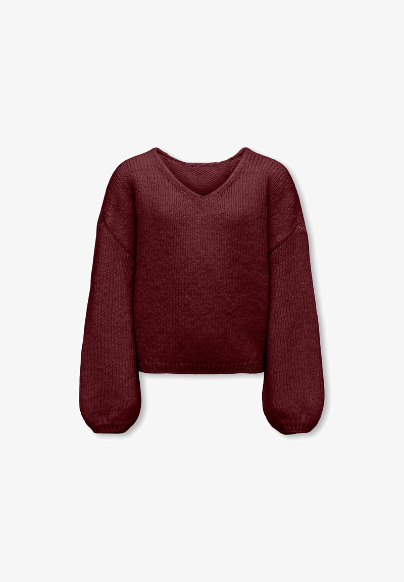 Pull bordeaux en maille épaisse avec col en V et manches longues volumineuses, avec un ourlet légèrement raccourci.