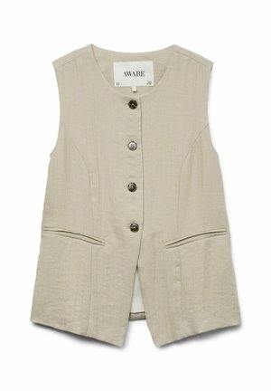 Smėlio spalvos be rankovių liemenė su keturiais tamsiais užtrauktukais, dviem priekinėmis kišenėmis su plyšiais ir apvalia iškirpte, pažymėta "AWARE".