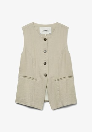 Beež värvitu varrukateta vest, millel on neli tumedat nööpi, kaks esimest slõhvik-taskut ja ümmargune kaelus, etikett "AWARE".