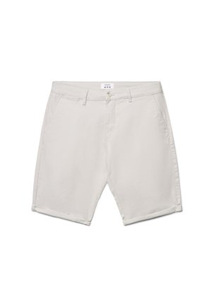 Pantaloni corti da uomo beige chiaro fino al ginocchio con passanti per cintura, bottone frontale, zip, tasche laterali e orli risvoltati.