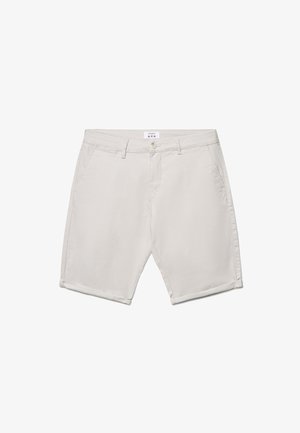 Pantaloni corti da uomo beige chiaro fino al ginocchio con passanti per cintura, bottone frontale, zip, tasche laterali e orli risvoltati.