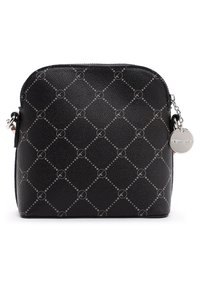 Borsa a tracolla nera in materiale sintetico con motivo a diamante, hardware in argento e un'etichetta metallica tonda. Presenta una superficie texturizzata e chiusura con zip.