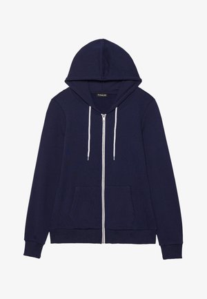 Navy blue zip-up hoodie with a kangaroo pocket, white drawstrings, and ribbed cuffs. Constructed from soft, textured fabric.