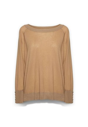 Maglione largo di colore nocciola chiaro, con scollatura ampia, polsini a coste e bottoni decorativi sulle maniche. Texture morbida e silhouette rilassata.
