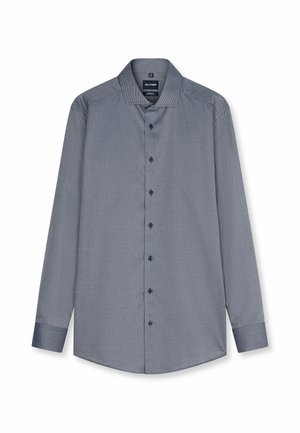 Camicia da uomo a maniche lunghe con micro-motivo sottile blu scuro e bianco, colletto aperto e polsini con bottoni.